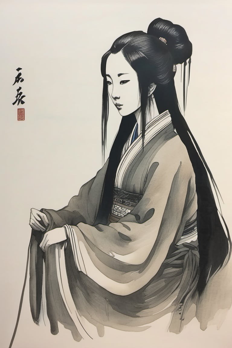 chinese ink drawing, 1girl,solo, long hair, minochrome, muted color, upeer body<lora:chinese_ink_drawing_xl:1> 