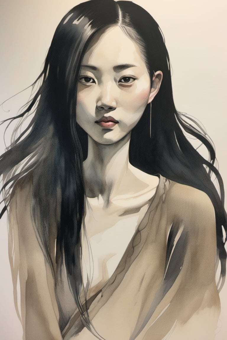 chinese ink drawing, 1girl,solo, long hair, minochrome, muted color, upeer body<lora:chinese_ink_drawing_xl:1> 