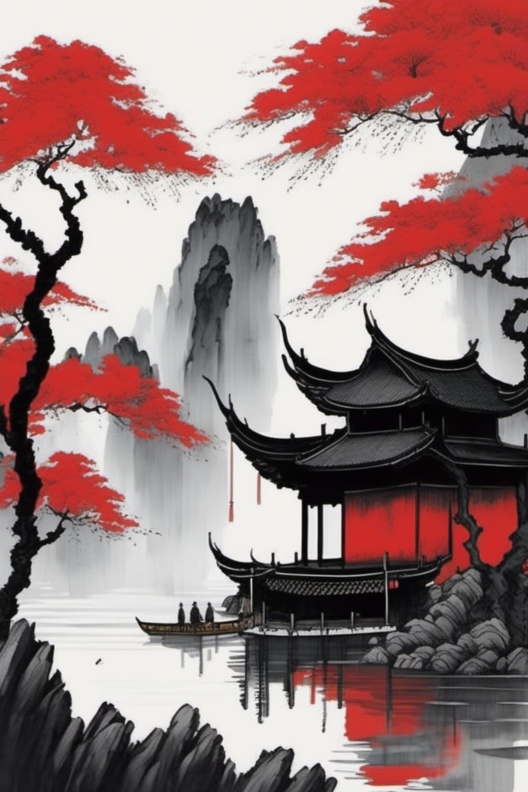 chinese ink drawing, no humans, scenery, tree, architecture, east asian architecture, outdoors, traditional media , red and black theme<lora:chinese_ink_drawing_xl:1> 