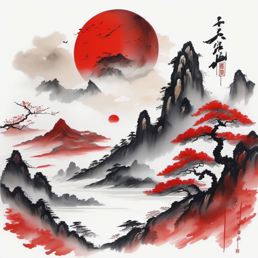chinese ink drawing, mountain, tree, no humans,cloud, moon, scenery, traditional media, white background, sky, red moon<lora:chinese_ink_drawing_xl:1> 