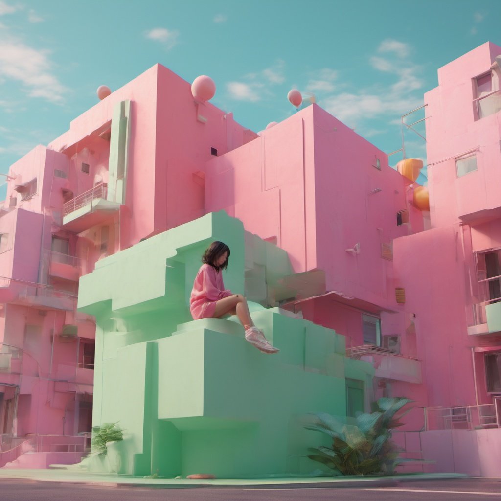 sharp perspective angles,the edge of a Jade building,in the style of rendered in cinema4d,Wes Anderson,conceptual playlists,bright sculptures,seaside scenes,animated gifs,contemporary candy - coated,in the style of saturated pigment,<lora:secai-surenjike:1>,