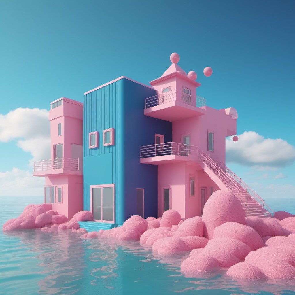 <lora:secai-surenjike:0.4>,Jade building,in the style of rendered in cinema4d,hallyu,conceptual playlists,bright sculptures,seaside scenes,animated gifs,contemporary candy-coated,Wes Anderson colors,dark blue sky,cloudless seaside,