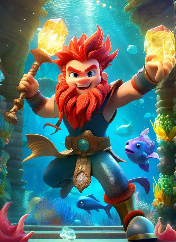 best quality, masterpiece, of a male, dressed as a Fighter, with red hair, with a male fantasy hairstyle, wearing a animal ears, portrait, fighting, In a labyrinth made of crystal under the sea, guarded by mermaids,, realistic, concept art, cinematic, volumetric lighting, highly detailed, 8k, disney cartoon, cute cartoon
