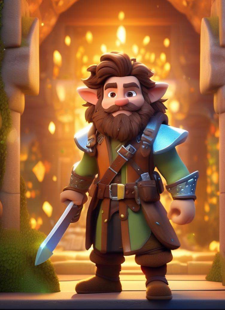 best quality, masterpiece, of a male, dressed as a Rogue, with brown hair, with a male fantasy hairstyle, wearing a helmet, portrait, stood, In a subterranean city lit by luminescent crystals, inhabited by dwarves,, disney cartoon, cute cartoon, cinematic, volumetric lighting, highly detailed, 8k