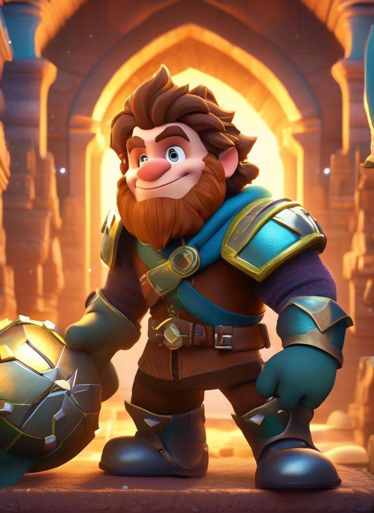 best quality, masterpiece, of a male, dressed as a Rogue, with brown hair, with a male fantasy hairstyle, wearing a helmet, portrait, stood, In a subterranean city lit by luminescent crystals, inhabited by dwarves,, disney cartoon, cute cartoon, cinematic, volumetric lighting, highly detailed, 8k