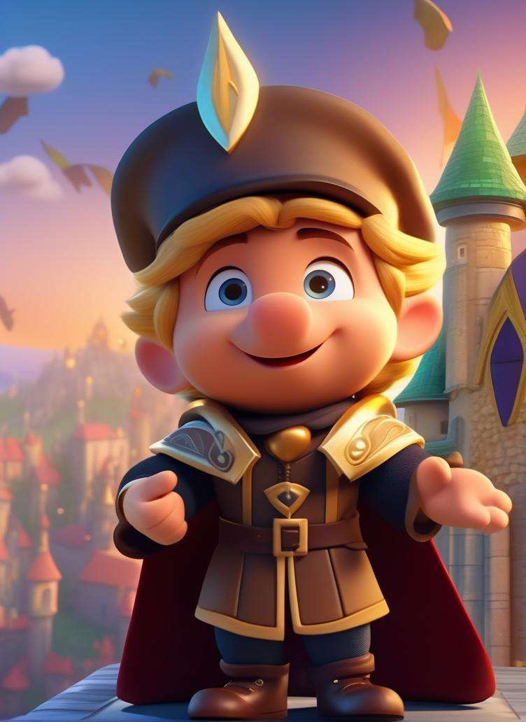 best quality, masterpiece, of a male, dressed as a Enchanter, with blonde hair, with a male fantasy hairstyle, wearing a flat cap, close-up, posing, In a floating citadel in the sky, where knights ride on the backs of griffins,, disney cartoon, cute cartoon, cinematic, volumetric lighting, highly detailed, 8k