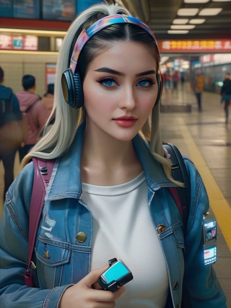A lady with white ponytailed hair, horn headband, wearing a dark denim jacket, a backpack with a katana, blue eyes, cyberpunk, subway, hyperrealism, photorealistic, 8k, unreal engine, 3d render, <lora:h4n3n_SDXL_v1-000007:1>