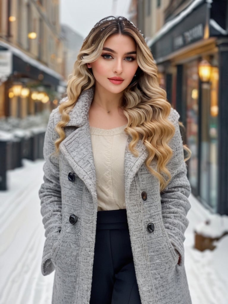 professional portrait photograph of a gorgeous  girl in winter clothing with long wavy blonde hair, ((sultry flirty look)), freckles, beautiful symmetrical face, cute natural makeup, wearing elegant winter fashion clothing, ((standing outside in snowy city street)), stunning modern urban upscale environment, ultra realistic, concept art, elegant, highly detailed, intricate, sharp focus, depth of field, f/1. 8, 85mm, medium shot, mid shot, (centered image composition), (professionally color graded), ((bright soft diffused light)), volumetric fog, trending on instagram, trending on tumblr, hdr 4k, 8k,   <lora:h4n3n_SDXL_v1-000007:1>