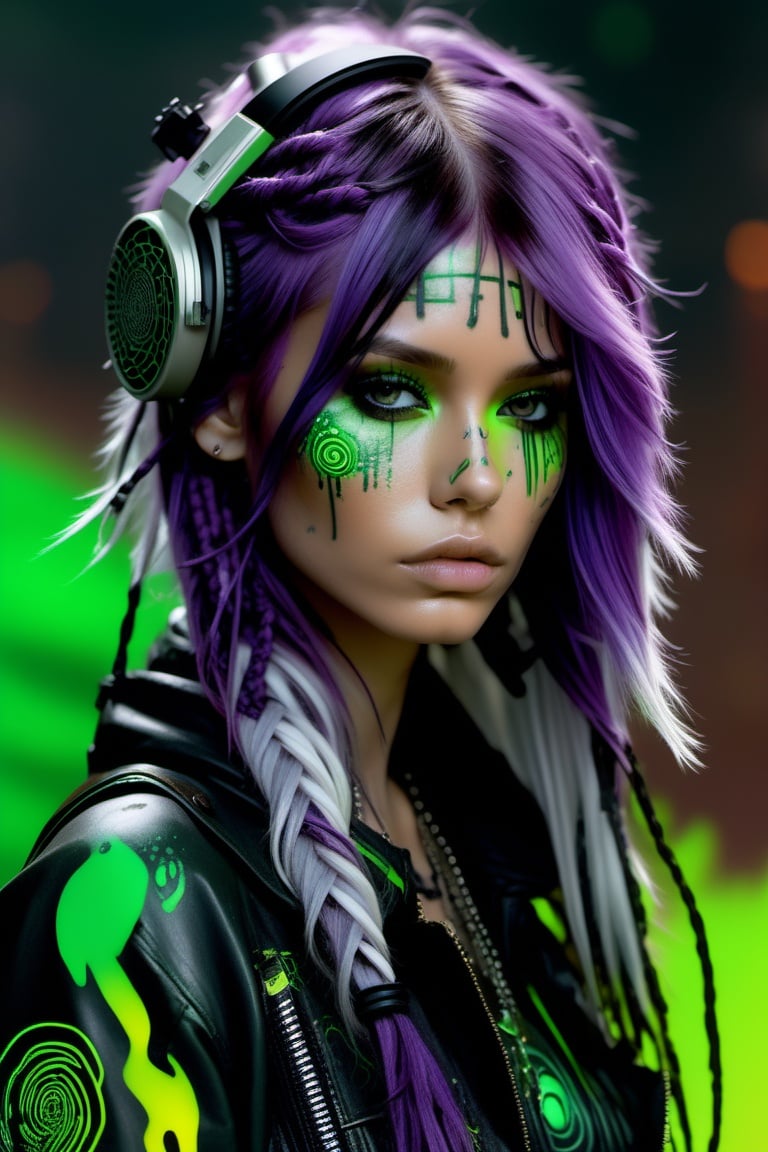 (masterpiece,best quality, ultra realistic,32k,RAW photo,detailed skin, 8k uhd, high quality:1.2), psychedelic style highly detailed portrait of an moody wasteland punk long dripping green poison hair tribal lady, stray wiring by atey ghailan, james gilleard, by joe fenton, by greg rutkowski, by greg tocchini, by kaethe butcher, 4 k resolution, gradient purple, brown black and white color scheme!!! ( ( green flaming robotic sewer background ) ) . vibrant colors, swirling patterns, abstract forms, surreal, trippy
