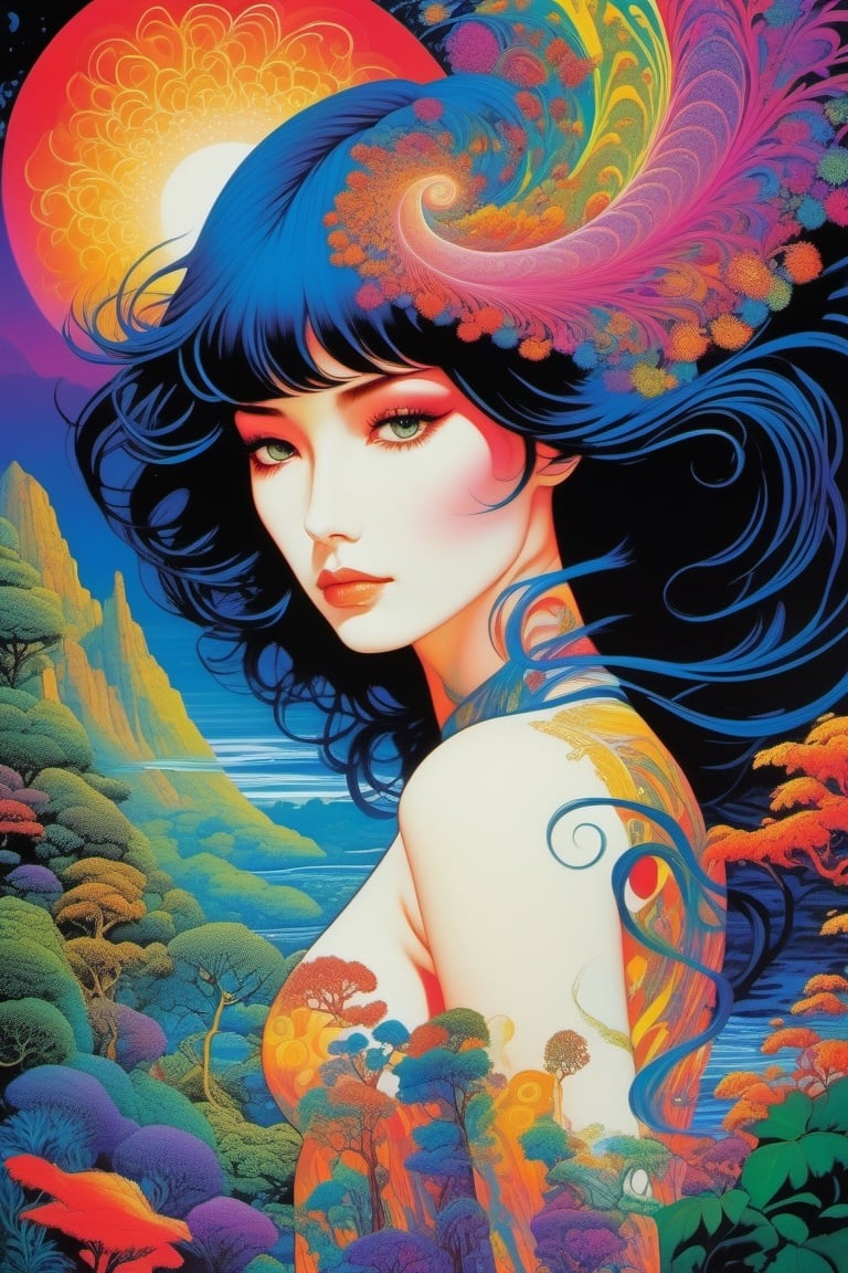 (masterpiece,best quality, ultra realistic,32k,RAW photo,detailed skin, 8k uhd, high quality:1.2), psychedelic style volcanoes under the infinte sea, bright hallucinogenic neon colors, highly detailed, cinematic, eyvind earle, tim white, philippe druillet, roger dean, lisa frank, aubrey beardsley, hiroo isono . vibrant colors, swirling patterns, abstract forms, surreal, trippy