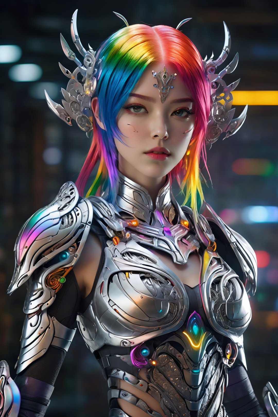 surreal photography of a stunning beautiful cyborg female, rainbow hair, huge breast, (beauty and detailed armor), embraced, delicate white filigree, intricate filigree, glowing, navel, highly detailed, intricate detailed, face symmetry, masterpiece, award-winning, sharp focus, concept art, low key, 8k, uhd, low key, octane render
