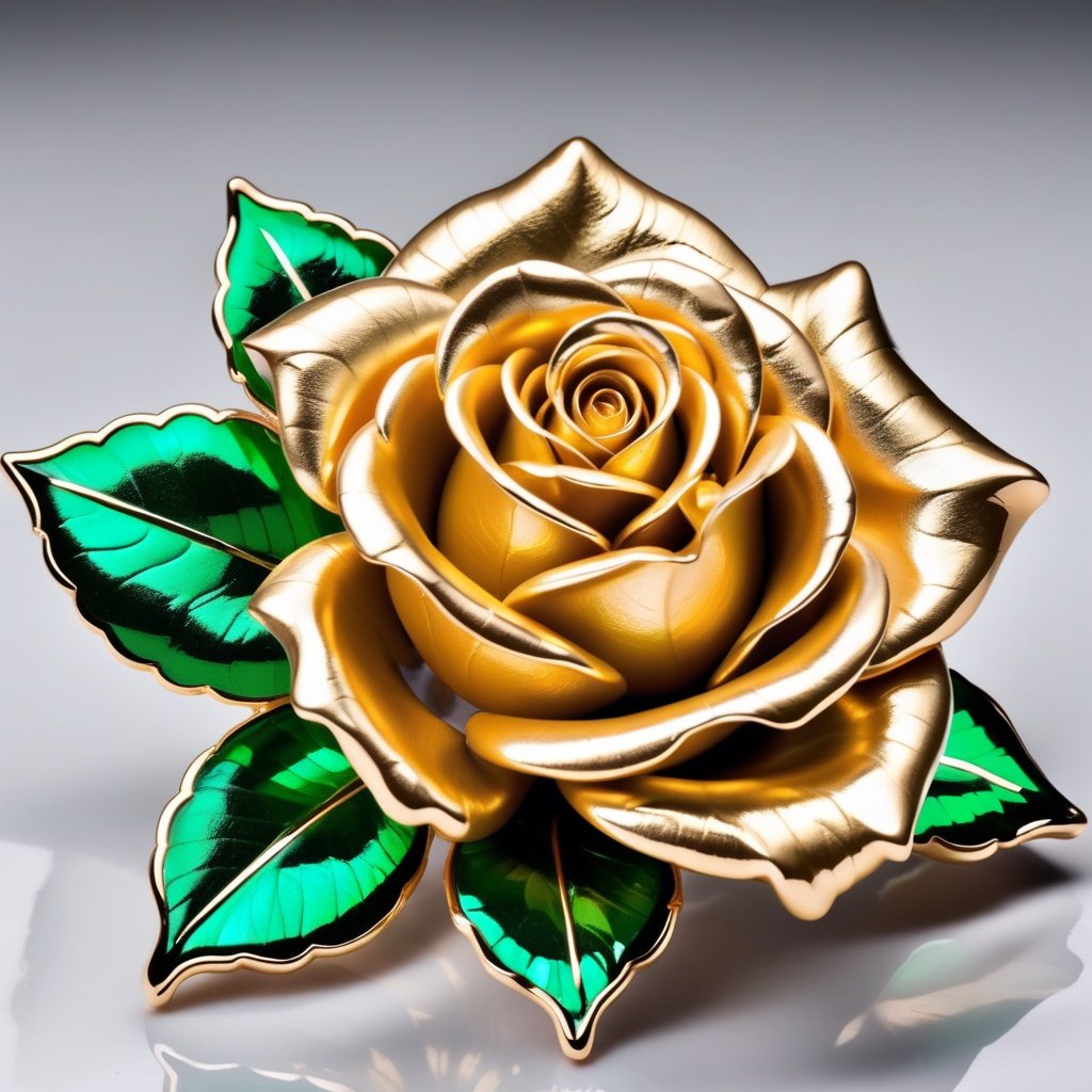 golden rose with leaves covered in fine emeralds, fine jewelry, platinum stem
