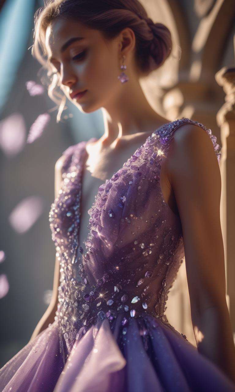 <lora:DreamARTSDXL:1>, Raw photo, 8k uhd, dslr, soft lighting, high quality, film grain, Fujifilm XT3, close up low angle shot beautiful faceted transparent lavender color crystal dress which a girl wears with crystals looking out of the dress, cinematic photo, 18mm f/11 photograph, film, bokeh, professional, 4k, highly detailed, colorful, 