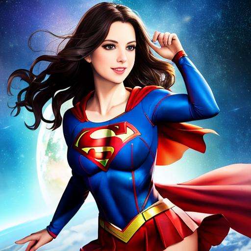 (best quality: 1.2), (masterpiece: 1.2), (realistic: 1.2), (inked: 1.3), best quality, beautiful woman as supergirl, she has (wavy black hair: 1.7), superhero, blue bodysuit, red short skirt, red cape, grin, in space, earth background, sharp focus, 8k, centered, medium shot, masterpiece