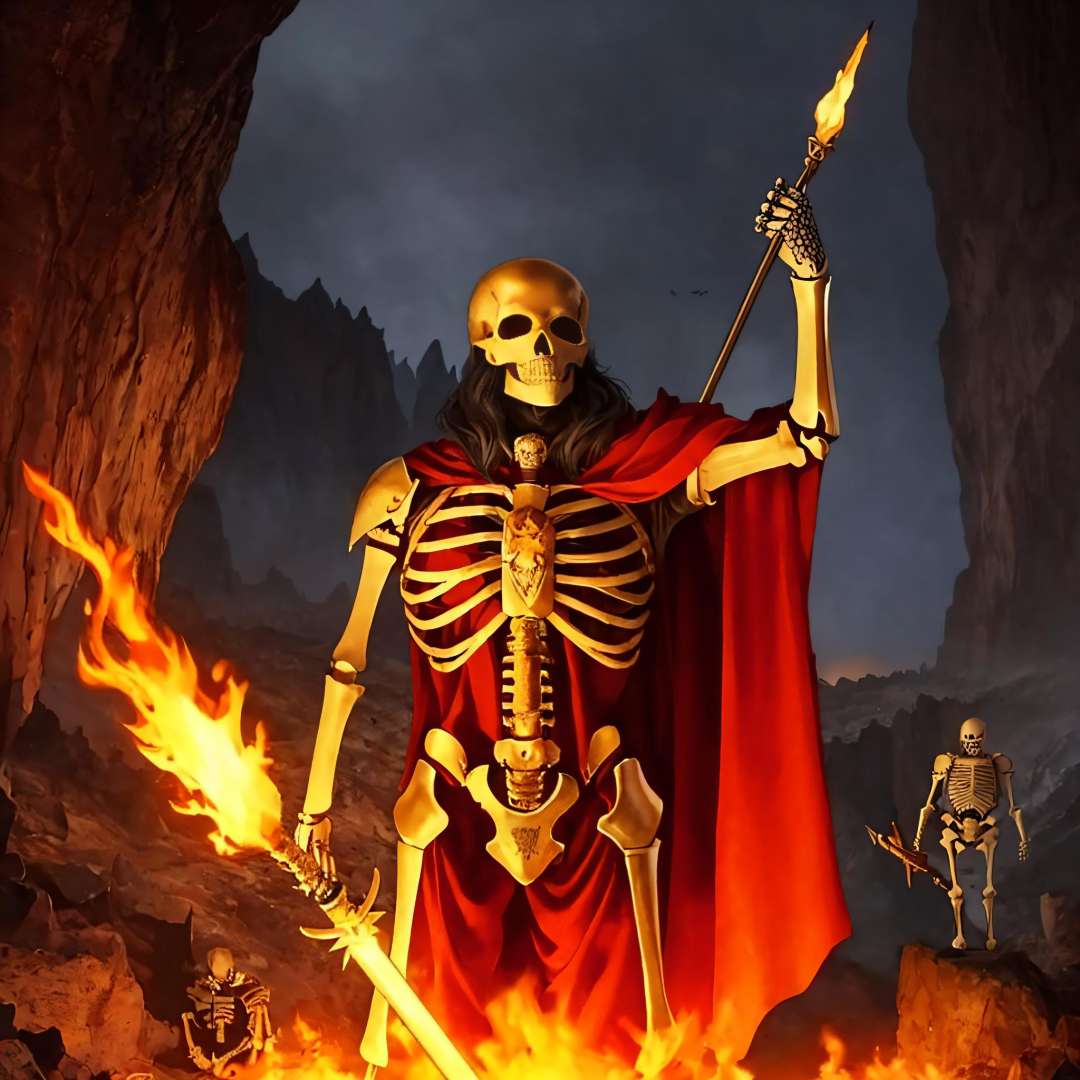 (best quality: 1.2), (masterpiece: 1.2), (realistic: 1.2), (skeleton) holding a flaming spear, old and ragged cape, (dark cave in the background), detailed middle-earth setting, on eye level, mimicking ruined materials, scenic,  masterpiece