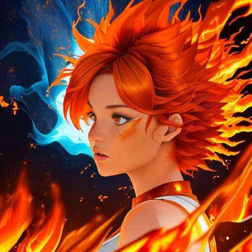 (best quality: 1.2), (masterpiece: 1.2), (realistic: 1.2), 1girl, ((fiery red and orange elemental hair made of liquid fire:1.5)), (wild fiery hair)), (glowing embers floating off hair), (mature fire bender), (volcano Island background), ((controlling swirling rings of (blue) psychedelic fire)), arcane floating runes, on eye level, scenic, masterpiece