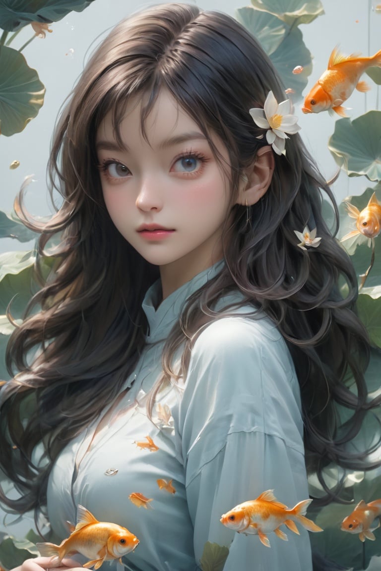 High detailed, High precision, Hyper quality, UHD,16k, Rich details, rich elements, guofeng, illustration,1girl, beautiful,Surrounded by goldfish, surrounded by goldfish, lotus, lotus leaf, pearlygates,bj_Devil_angel,ink, <lora:EMS-16558-EMS:0.7>, <lora:EMS-14953-EMS:0.4>, <lora:EMS-17185-EMS:0.8>