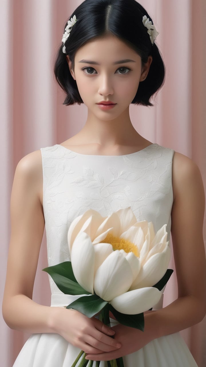 ((best quality)), ((masterpiece)), (detailed), (realistic),NYFlowerGirl, 1girl, solo, black hair, flower, dress, realistic, short hair, looking at viewer, white dress, sleeveless, standing, black eyes, sleeveless dress