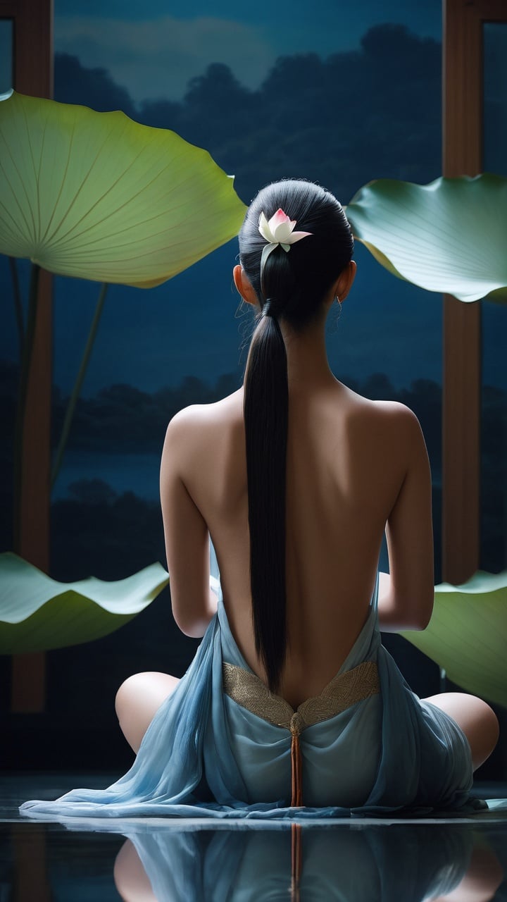 ((best quality)), ((masterpiece)), (detailed), (realistic),NYFlowerGirl, solo, sitting, 1girl, long hair, from behind, nude, flower, reflection, indian style, back, ponytail, very long hair, blue skin, lotus, facing away