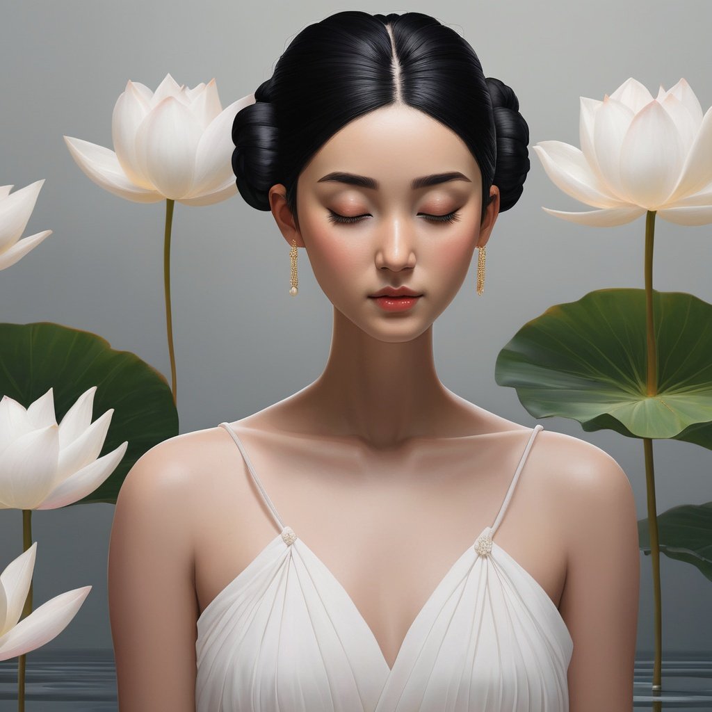 ((best quality)), ((masterpiece)), (detailed), (realistic),NYFlowerGirl, 1girl, black hair, flower, dress, solo, white dress, hair bun, single hair bun, reflection, closed eyes, water, dark-skinned female, dark skin, standing, collarbone, sleeveless, bare shoulders, facing viewer, grey background, sleeveless dress