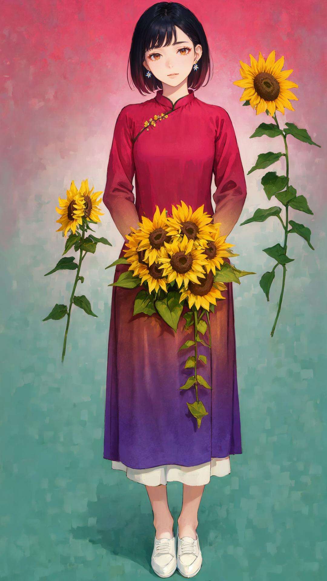 (masterpiece, best quality:1.5),(Gradient background ,🌻 ,🎍:1.3)
lady, full body, black hair, brown eyes, short hair , Navy Blue aodai, white shoes  , earring<lora:aodai:1.0>