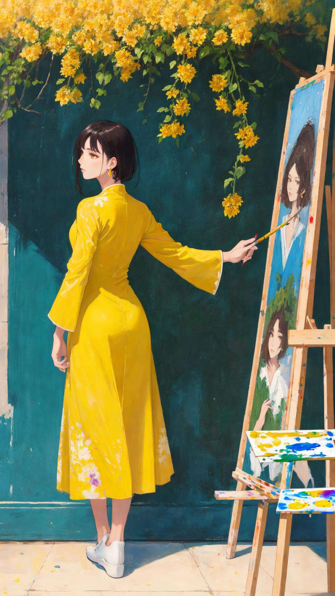 (masterpiece, best quality:1.5),(painting studio ,🌼 ,🌱 :1.3)
lady, full body, black hair, brown eyes, simple side brad hair , Gold aodai, white shoes  , earring