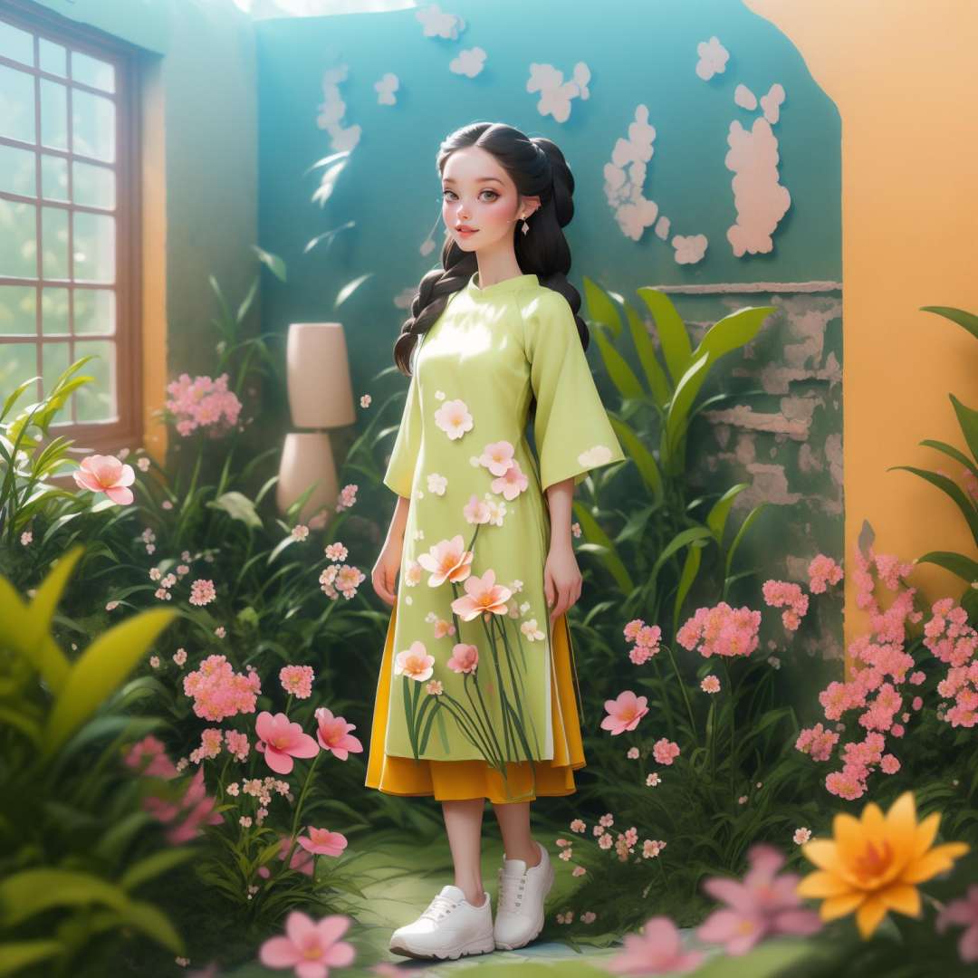 (masterpiece, best quality:1.5),(summer day, in the studio, 🪴,🌱 ,🌺,🌸 :1.3)1lady, full body, black hair, brown eyes, simple side braid hair, Amber aodai, white shoes, earring, happy,gorgeous light and shadow ,stunning environment