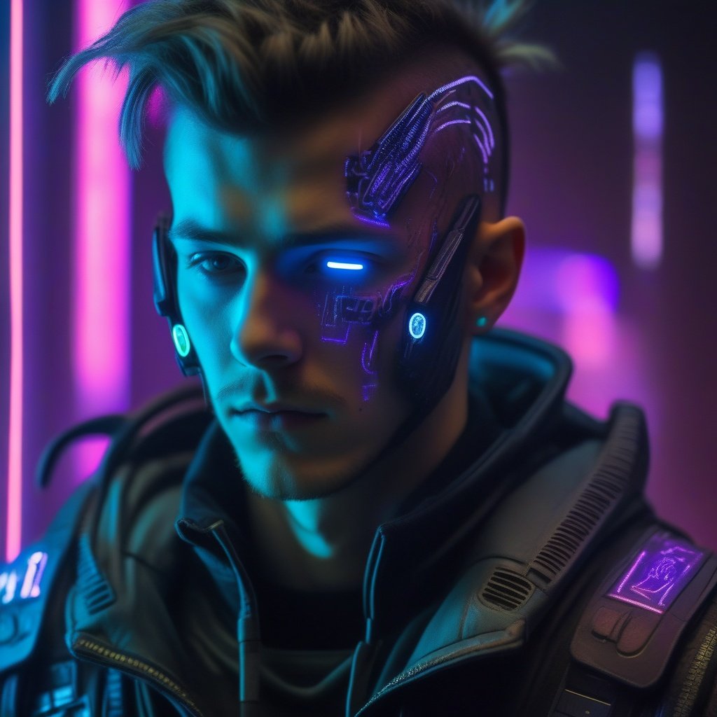 close-up, maximum detail, science fiction, distant future, cyberpunk, a man, 22 years old,wearing a cyberpunk outfit, led lights, neon, screens with alien symbols,Movie Still,NightmareFlame