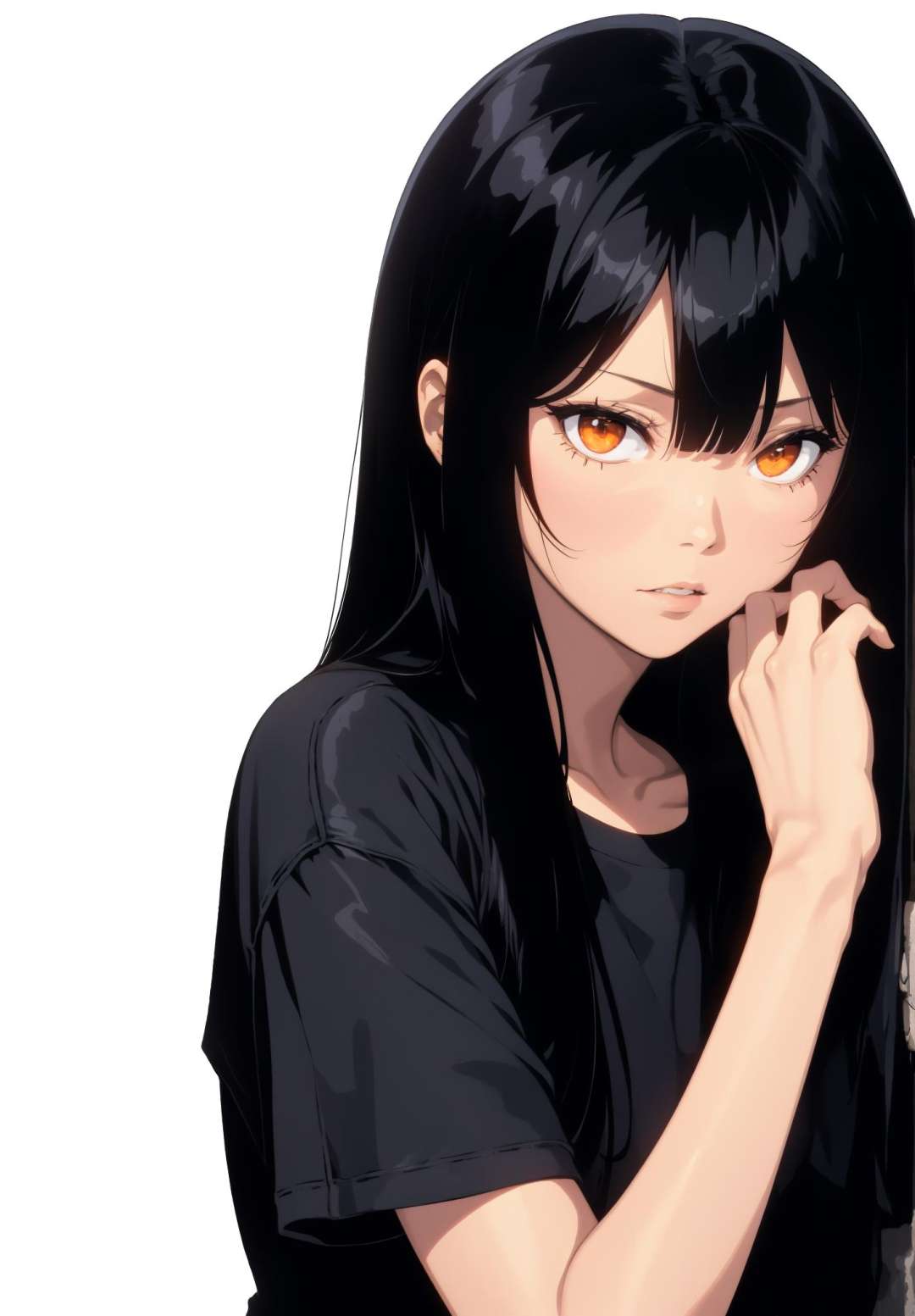 1girl, solo, (long black hair), orange eyes, BREAK(looking at viewer)absurdres, hdr, 4k, best quality, masterpiece, (white background, simple background)