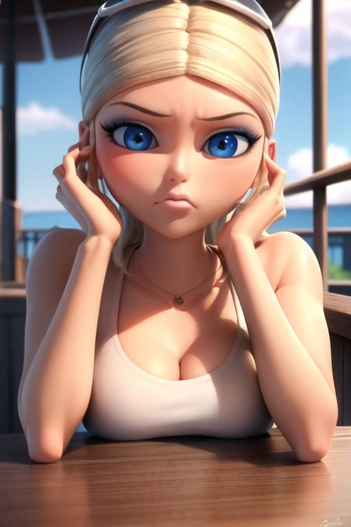 (8k, RAW photo, best quality, masterpiece:1.2), (intricate details), highres, perfect eyes, perfect face, perfect lighting, beautiful, (masterpiece:1.2), (best quality:1.2), 1girl, solo, chloe, blue eyes, blonde, angry face, full shot, ((bikini_bottom, bikini_top)), <lora:chloe-20:0.62>