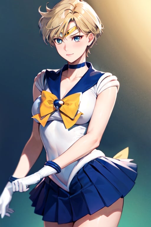 masterpiece, best quality, highres, 1girl, solo looking at another, cowboy shot, haruka, blue eyes, blonde hair, short hair, sailor senshi uniform, sailor collar, tiara, sailor senshi, yellow ribbon, gloves, choker, blue skirt