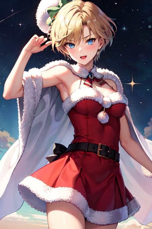 masterpiece, best quality, highres, 1girl, solo looking at another, cowboy shot, haruka, blue eyes, blonde hair, short hair, santa_costume
