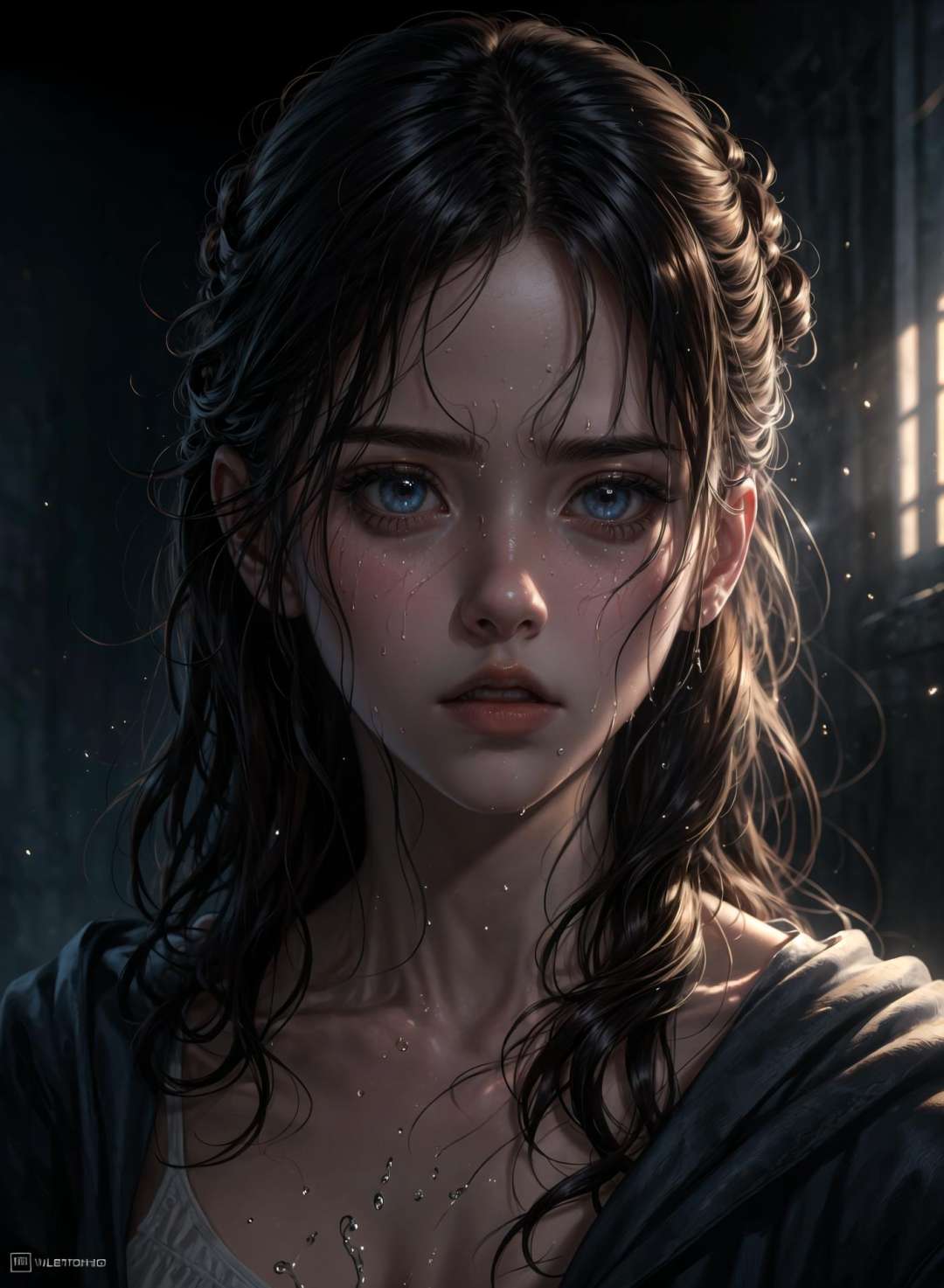 (masterpiece:1.2), (best quality:1.2), hyper realistic,highestres,absurdres,extremely detailed,volumetic,dramatic lighting,1girl,detailed eyes,face,looking to the side, wet hair