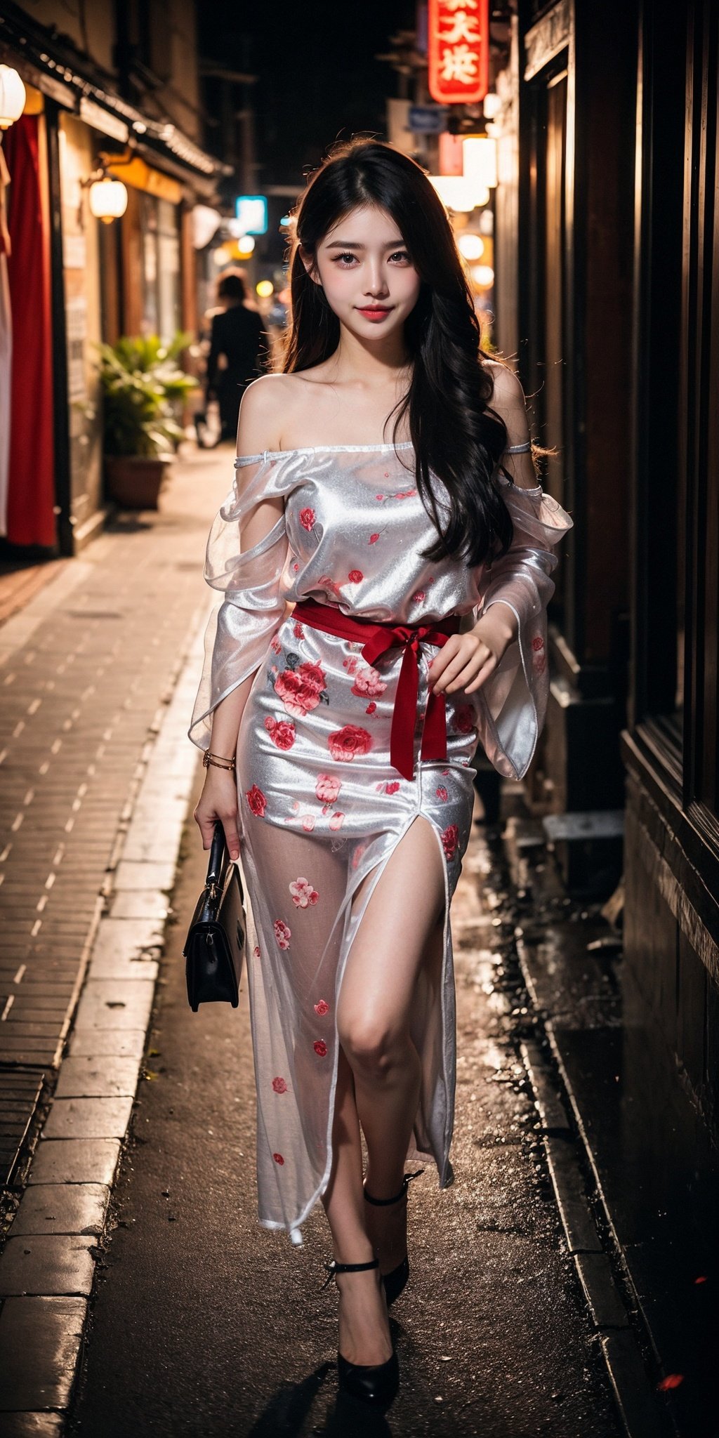 realistic, RAW photo, dslr, film grain, Fujifilm XT3, night shot, 1girl, goddess women,  (curly hair, long hair), (thigh,off shoulder:1.2), ([:see-through:4]:1.4) (red floral print hanfu:1.1), pencil skirt, black pantyhose, (deserted street:1.3), Backlit, Bokeh, Contrast Filters, (smile:0.8), looking at viewer, (china jiangnan water town style:1.1), water, wet, , 