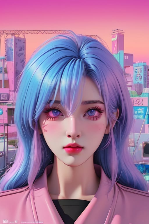 2023 style attractive and glowing super detailed lofi pastel girl with a long hair, very detailed and well designed expressive eyes, old anime, lofi vaporwave anime city landscape, synthwave, futuristic vibes, vaporwave colour, anime, old style, 1990 style, simple --niji,3DMM,weiboZH, <lora:EMS-7546-EMS:0.8>