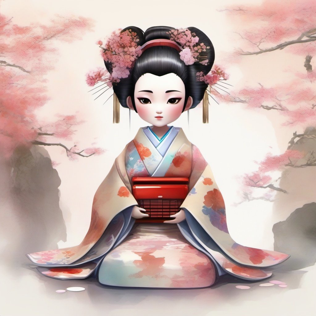  Android geisha , robotic parts , flowery kimono, kids story book style, muted colors, watercolor style , unreal engine, 16k UHD