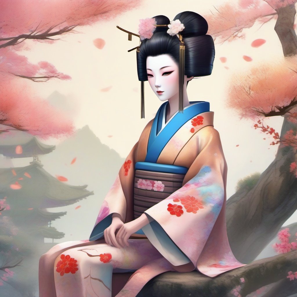  Android geisha , robotic parts , flowery kimono, kids story book style, muted colors, watercolor style , unreal engine, 16k UHD