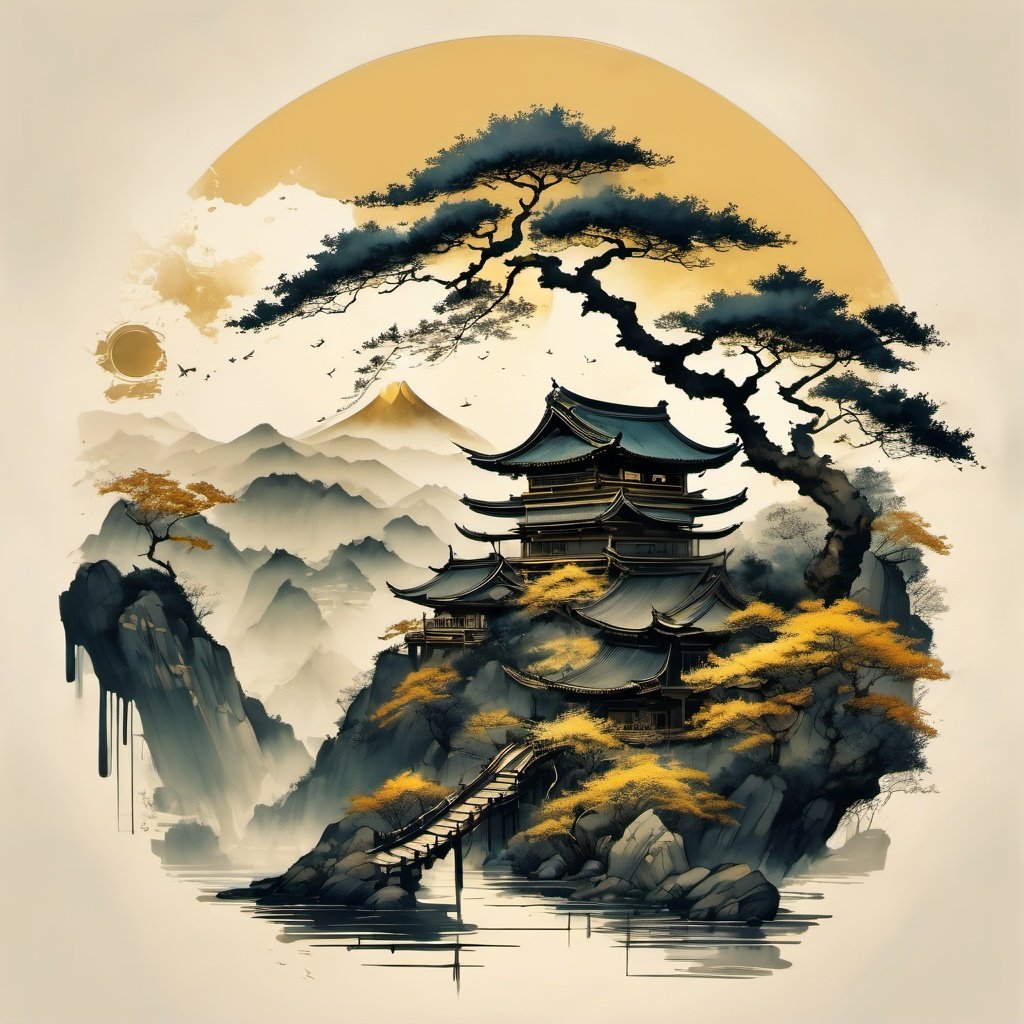 ink scenery, tree, scenery, architecture, mountain, bird, east asian architecture, sun,golden theme, muted color, ink art<lora: ink_scenery_xl:1> 