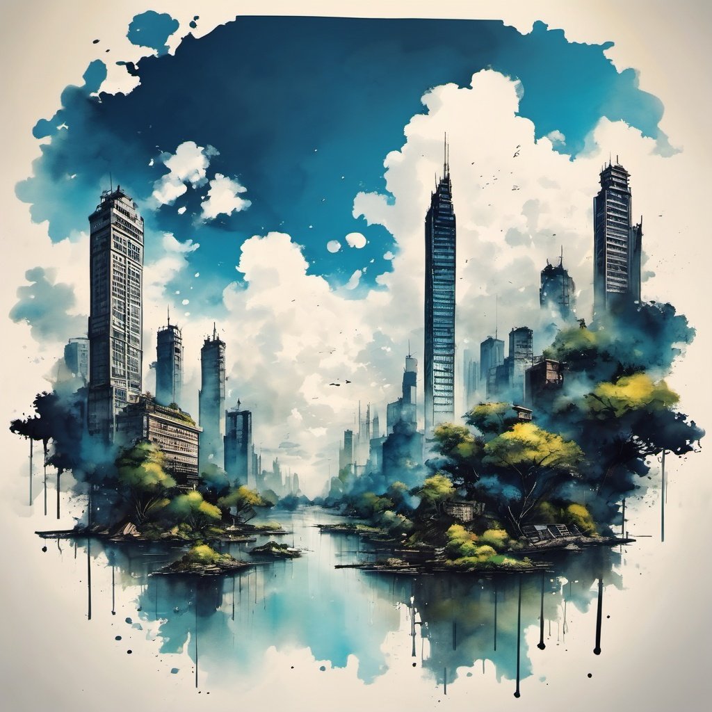 ink scenery,  scenery, cloud, outdoors, sky, cityscape, skyscraper<lora: ink_scenery_xl:1> 
