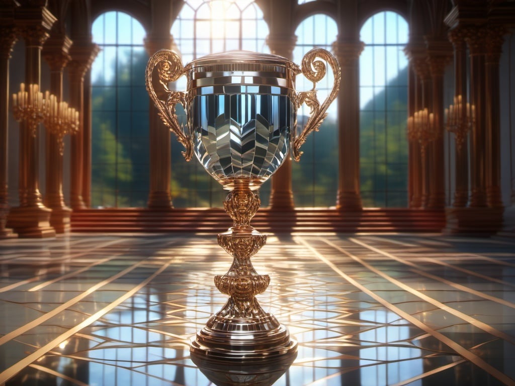 BJ_3D_trophy, indoors, blurry, no_humans, window, sunlight, scenery, reflection, pillar, still_life, reflective_floor,3D Model,8k,digital photography,masterpiece,sidelighting,hdr,realistic,(high definition:1.2),(best quality, masterpiece, photorealistic, realistic),(finely detailed beautiful eyes:1.2),<lora:3D_trophy_SDXL_test:1>,