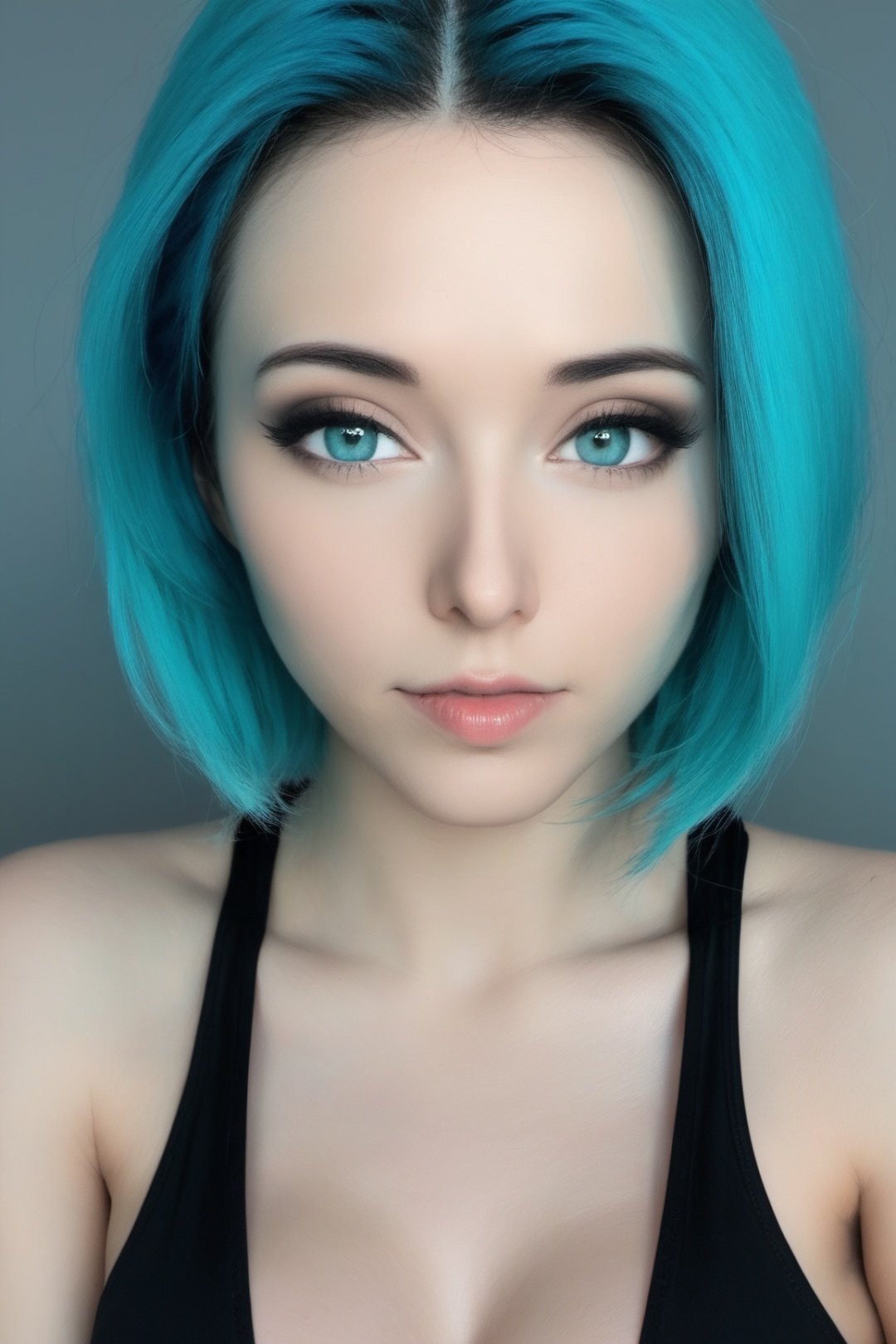 centered, face photography, face portrait, | woman, looking at viewer, aqua hair color, short hair, | black hoodie,amou xl