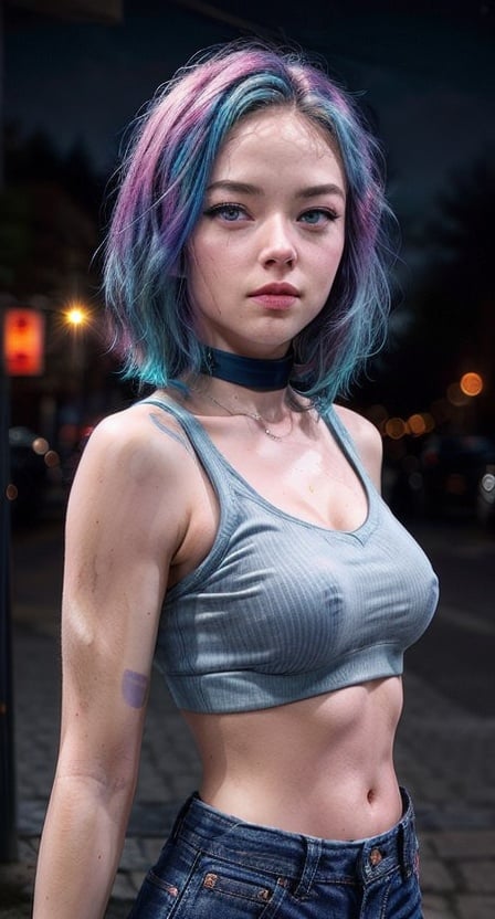 (hyperealistic detailed face:1.2), (looking at viewer:1.2), (frontal view), centered, upper body, award winning frontal photography, masterpiece, (beautiful detailed eyes:1.2), | aqua hair, light blue eyes, short hairstyle, (medium top), midriff peak, navel, shorts jeans, nipples, underboob, abs, | sunset, bokeh, depth of field, | urban, street, City, | starry sky, vaporwave color scheme, (saturated colors:1.2), ,martina