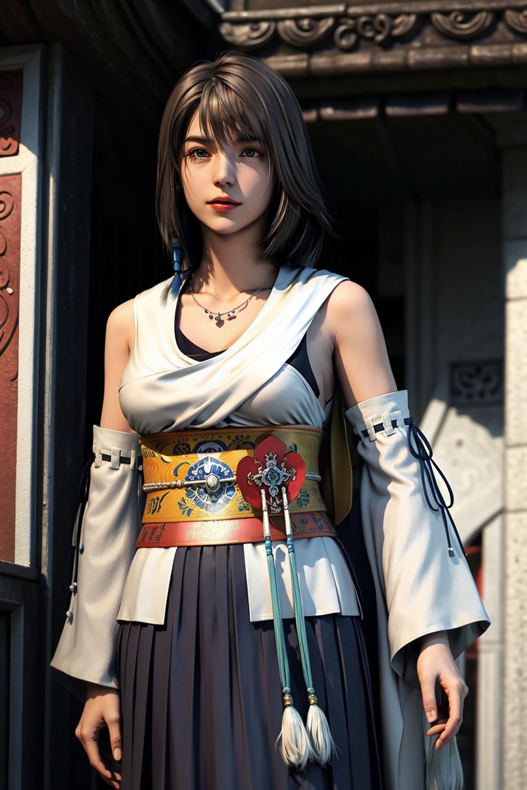 1girl, solo, jewelry, detached sleeves, necklace, blue-beaded earring, hakama skirt<lora:YunaFFX-V2:0.8>, YunaFFX,ultra high res, photo, photorealistic, highly detailed, detailed face, solo cute woman, castle balcony,medium  breasts, (masterpiece, high quality),looking at viewer, gorgeous goddess, bob cut,charming, alluring, dreamlike, royal cloak, ((thick bangs)),