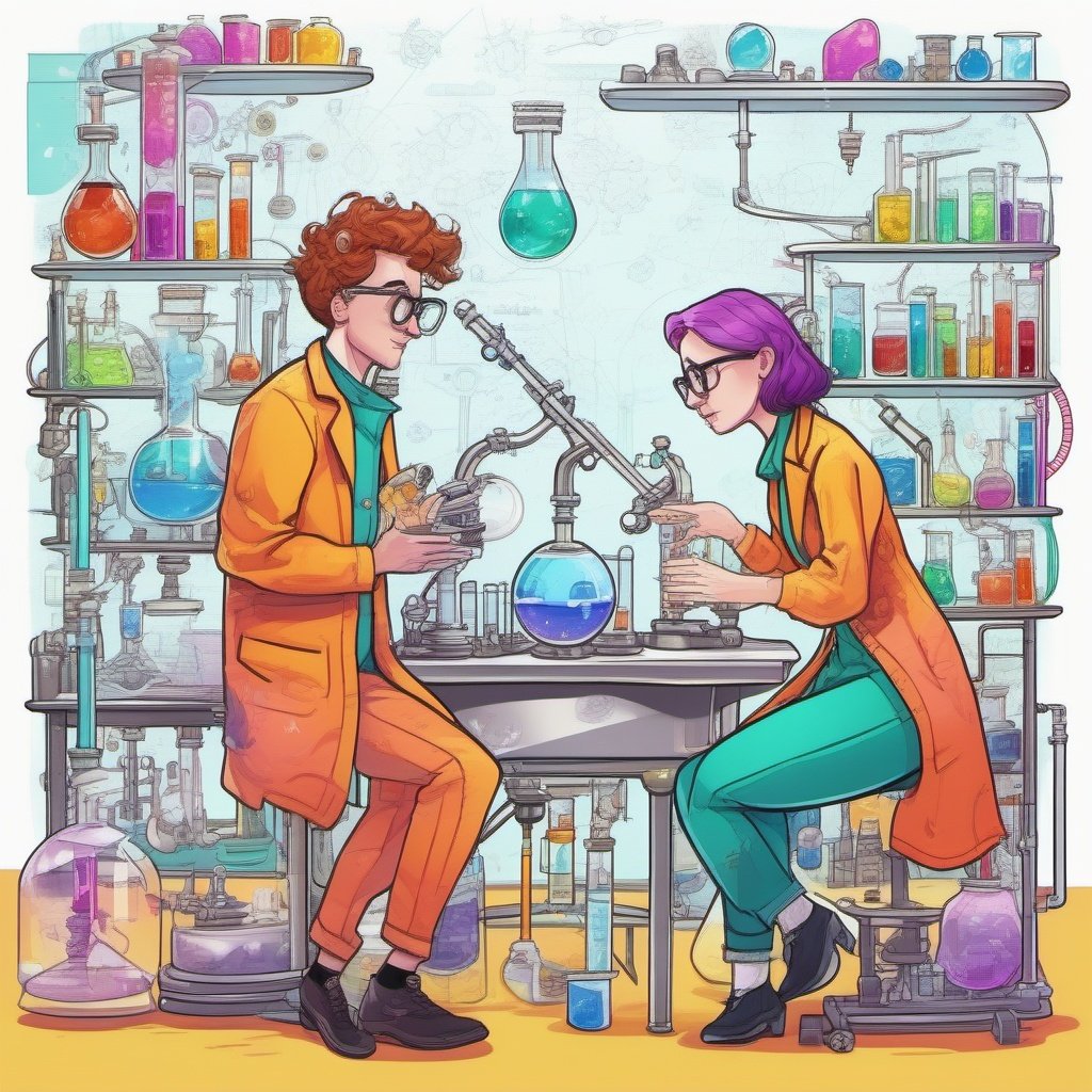A couple in a science park, doodle world, chemistry instruments,colourful,8k
