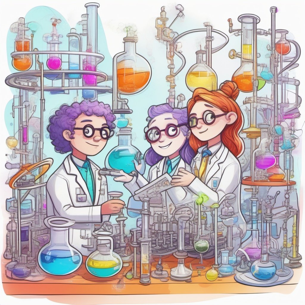A couple in a science park, doodle world,chemistry instruments,colourful,8k
