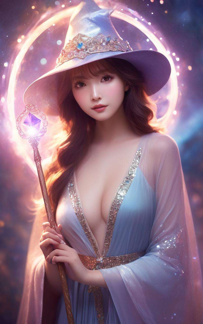 ethereal fantasy concept art of  mysterious,fantasy,1girl,solo,wizard hat,robe,holding staff,on magic circle,sparkles,light particles,crystal,prism,glowing light,magic effect,. magnificent,celestial,ethereal,painterly,epic,majestic,magical,fantasy art,cover art,dreamy,<lora:ssyy_XL_1_:1.2>,ssyy,