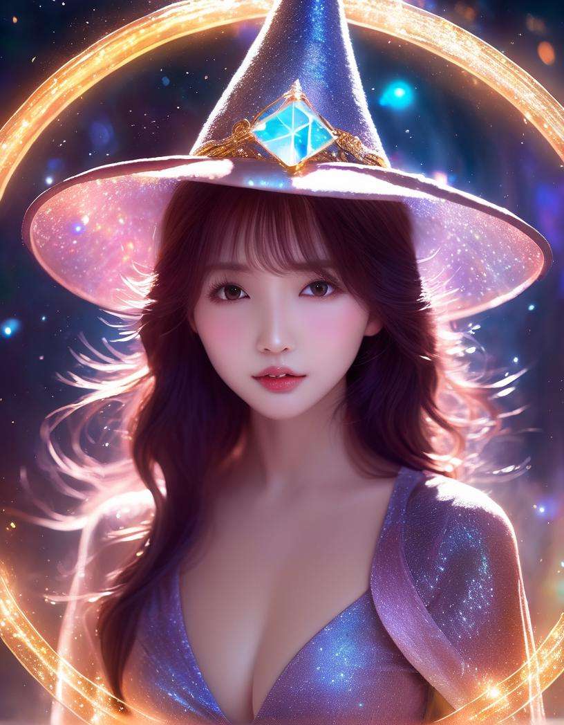 ethereal fantasy concept art of  mysterious,fantasy,1girl,solo,wizard hat,robe,holding staff,on magic circle,sparkles,light particles,crystal,prism,glowing light,magic effect,. magnificent,celestial,ethereal,painterly,epic,majestic,magical,fantasy art,cover art,dreamy,<lora:ssyy_XL_1_:1.2>,ssyy,