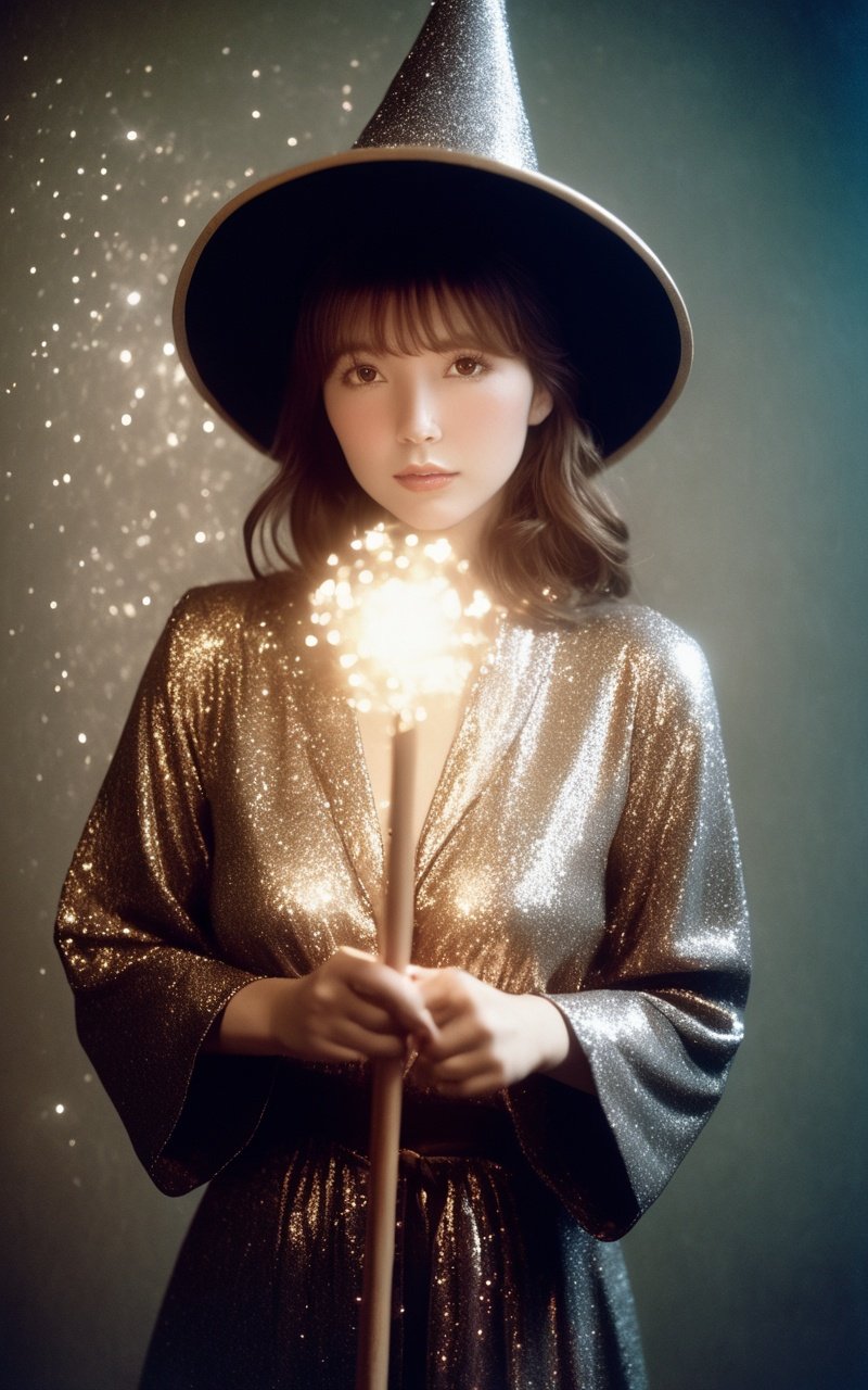 analog film photo girl,solo,wizard hat,robe,holding staff,on magic circle,sparkles,light particles,crystal,prism,glowing light,magic effect,<lora:ssyy_XL_1_:1.2>,ssyy, . faded film, desaturated, 35mm photo, grainy, vignette, vintage, Kodachrome, Lomography, stained, highly detailed, found footage