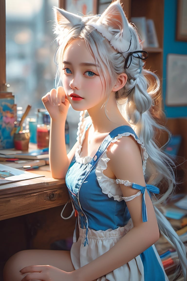 Solo, anime girl, full body, young adult body, medium chest, Hyperdetailed school background, School, 
Detailed medium white hair braid, hair braid, Cat ears, beautiful, Detailed eyes, blue eyes, Side view, torso shot from waist, Thick lineart, Anxious, Hyperdetailed natural light, detailed reflection light, 
volumetric lighting maximalist photo illustration 64k, resolution high res intricately detailed complex, 
key visual, precise lineart, vibrant, panoramic, cinematic, masterfully crafted, 64k resolution, beautiful, stunning, ultra detailed, expressive, hypermaximalist, colorful, rich deep color, vintage show promotional poster, glamour, anime art, fantasy art, brush strokes,, 16k, UHD, HDR,(Masterpiece:1.5), Absurdres, (best quality:1.5), Anime style photo, Manga style, Digital art, glow effects, Hand drawn, render,octane render, cinema 4d, blender, dark, atmospheric 4k ultra detailed, cinematic sensual, Sharp focus, hyperrealistic, big depth of field, Masterpiece, colors, 3d octane render, concept art, trending on artstation, hyperrealistic, Vivid colors,, modelshoot style, (extremely detailed CG unity 8k wallpaper), professional majestic oil painting by Ed Blinkey, Atey Ghailan, Studio Ghibli, by Jeremy Mann, Greg Manchess, Antonio Moro, trending on ArtStation, trending on CGSociety, Intricate, High Detail, Sharp focus, dramatic, photorealistic painting art,beautymix