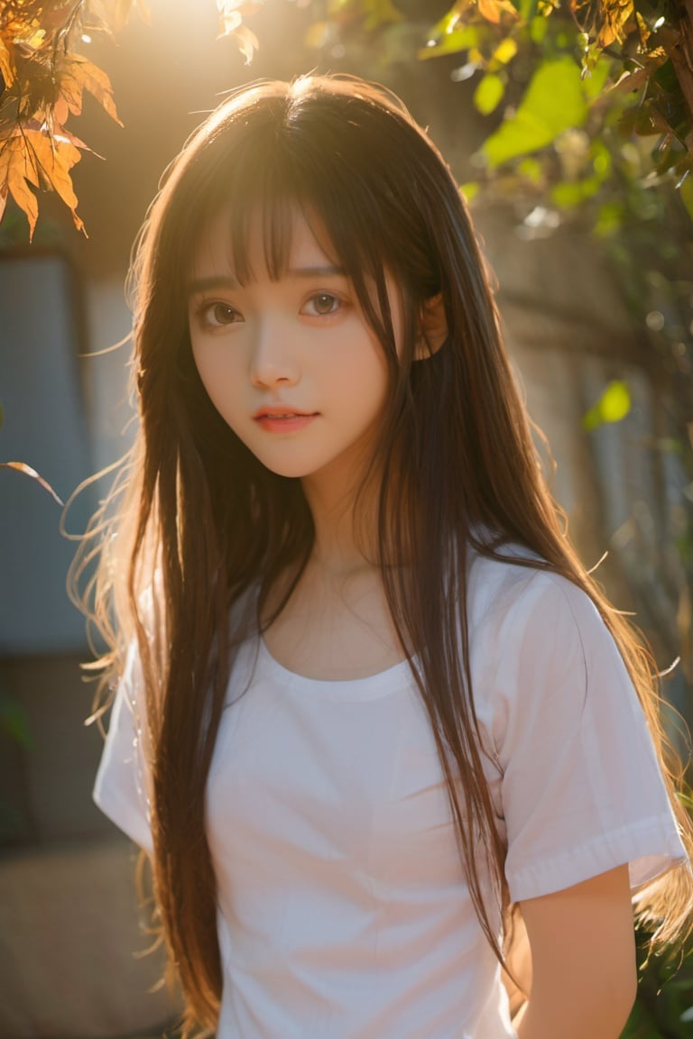 golden hour, photorealistic, masterpiece, best quality, raw photo, 1girl, long hair, detailed eyes and face, medium breast, white shirt, dynamic lighting, half_body shot,beautymix, vietnamese teen girl, vietnamese traditional clothes